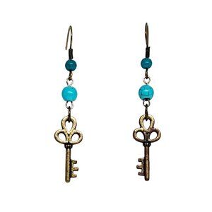 Handmade Blue Magnesite Beaded Antique Gold Key Pendant Dangle Boho Earrings